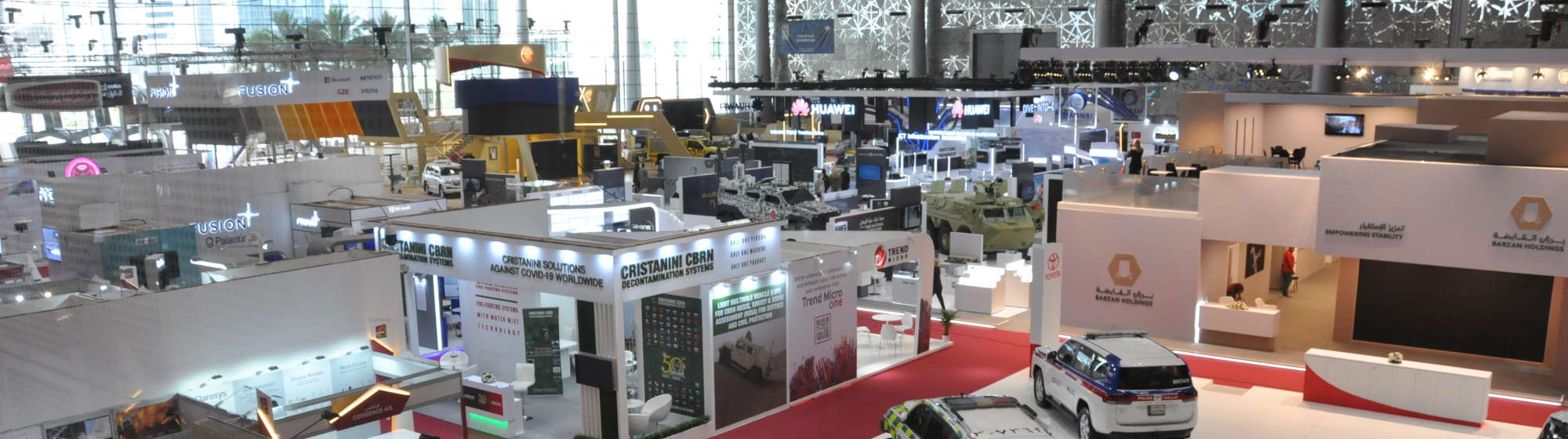 Aerial view of stands at Milipol Qatar, international event for homeland security and civil defence in the Middle East