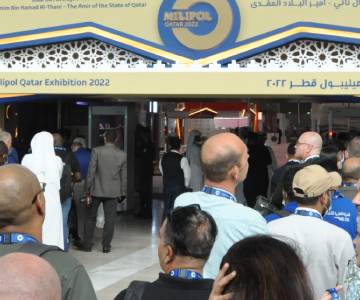Entrance of Milipol Qatar with plenty of visitors